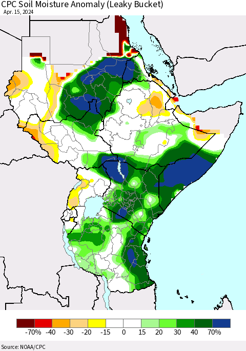 Eastern Africa CPC Soil Moisture Anomaly (Leaky Bucket) Thematic Map For 4/11/2024 - 4/15/2024
