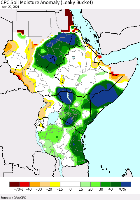 Eastern Africa CPC Soil Moisture Anomaly (Leaky Bucket) Thematic Map For 4/16/2024 - 4/20/2024