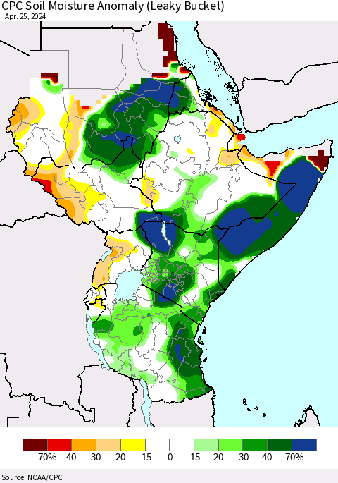 Eastern Africa CPC Soil Moisture Anomaly (Leaky Bucket) Thematic Map For 4/21/2024 - 4/25/2024