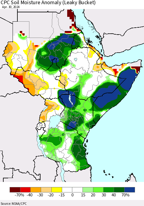 Eastern Africa CPC Soil Moisture Anomaly (Leaky Bucket) Thematic Map For 4/26/2024 - 4/30/2024