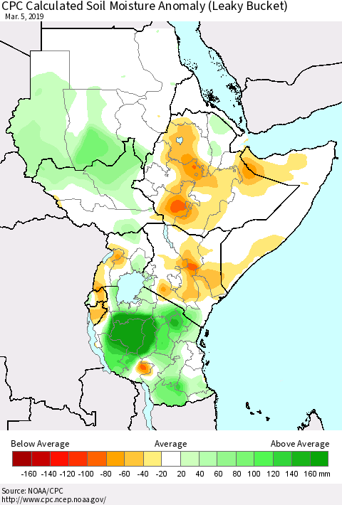 Eastern Africa CPC Soil Moisture Departure from Normal (Leaky Bucket) Thematic Map For 3/1/2019 - 3/5/2019