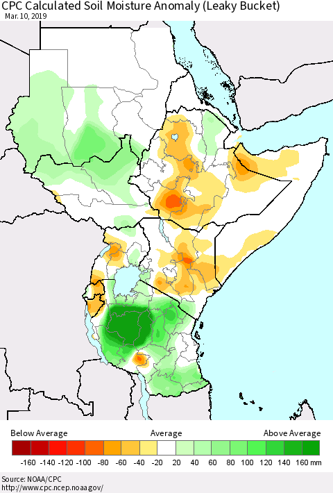 Eastern Africa CPC Soil Moisture Departure from Normal (Leaky Bucket) Thematic Map For 3/6/2019 - 3/10/2019