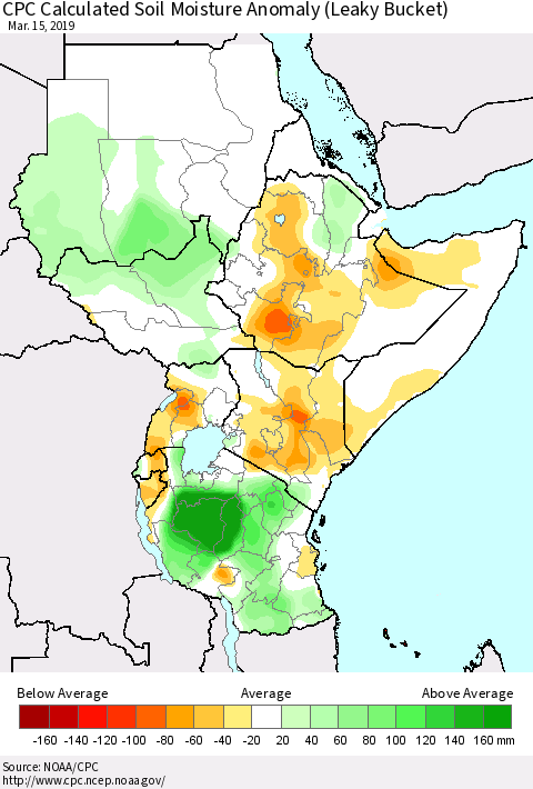 Eastern Africa CPC Soil Moisture Departure from Normal (Leaky Bucket) Thematic Map For 3/11/2019 - 3/15/2019