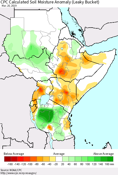 Eastern Africa CPC Soil Moisture Departure from Normal (Leaky Bucket) Thematic Map For 3/16/2019 - 3/20/2019
