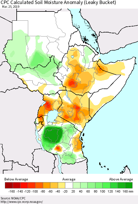 Eastern Africa CPC Soil Moisture Departure from Normal (Leaky Bucket) Thematic Map For 3/21/2019 - 3/25/2019