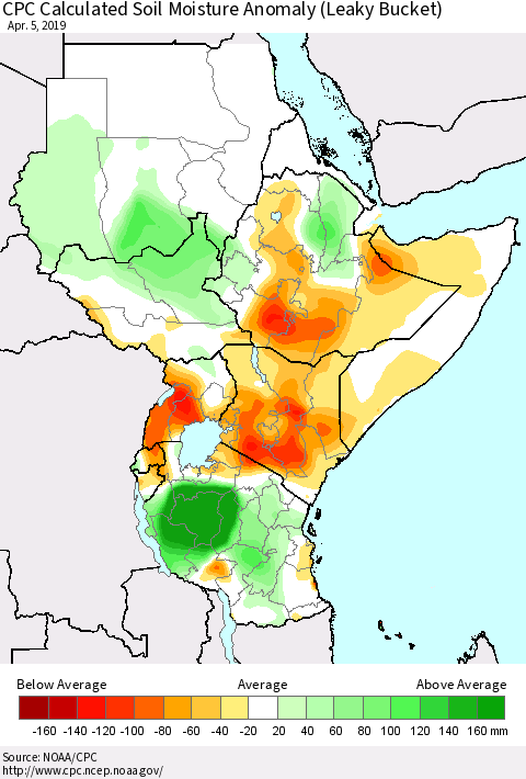 Eastern Africa CPC Soil Moisture Departure from Normal (Leaky Bucket) Thematic Map For 4/1/2019 - 4/5/2019