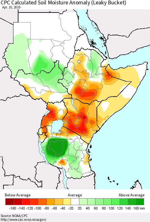 Eastern Africa CPC Soil Moisture Departure from Normal (Leaky Bucket) Thematic Map For 4/6/2019 - 4/10/2019