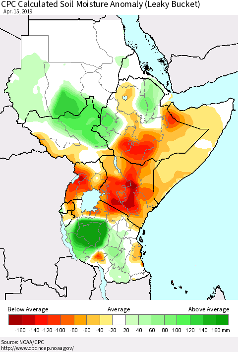 Eastern Africa CPC Soil Moisture Departure from Normal (Leaky Bucket) Thematic Map For 4/11/2019 - 4/15/2019