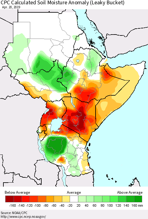 Eastern Africa CPC Soil Moisture Departure from Normal (Leaky Bucket) Thematic Map For 4/16/2019 - 4/20/2019