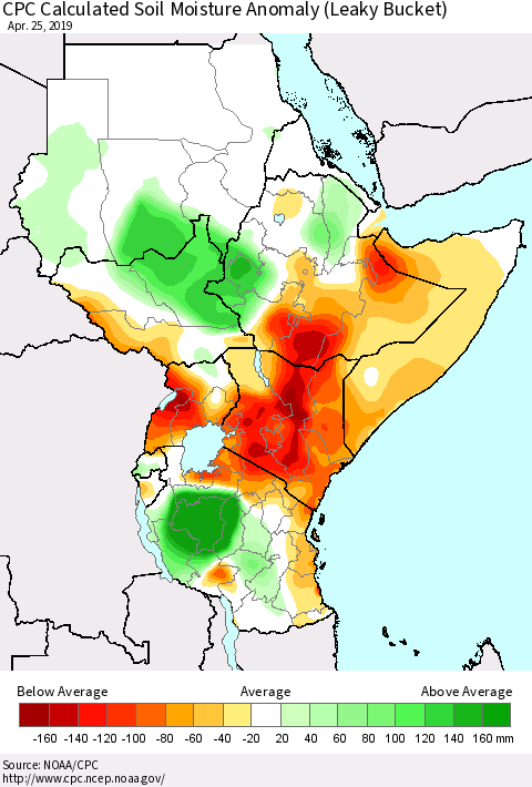 Eastern Africa CPC Soil Moisture Departure from Normal (Leaky Bucket) Thematic Map For 4/21/2019 - 4/25/2019