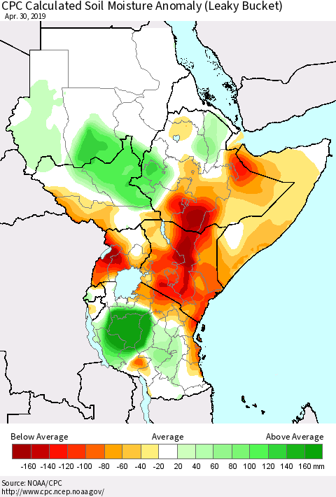 Eastern Africa CPC Soil Moisture Departure from Normal (Leaky Bucket) Thematic Map For 4/26/2019 - 4/30/2019