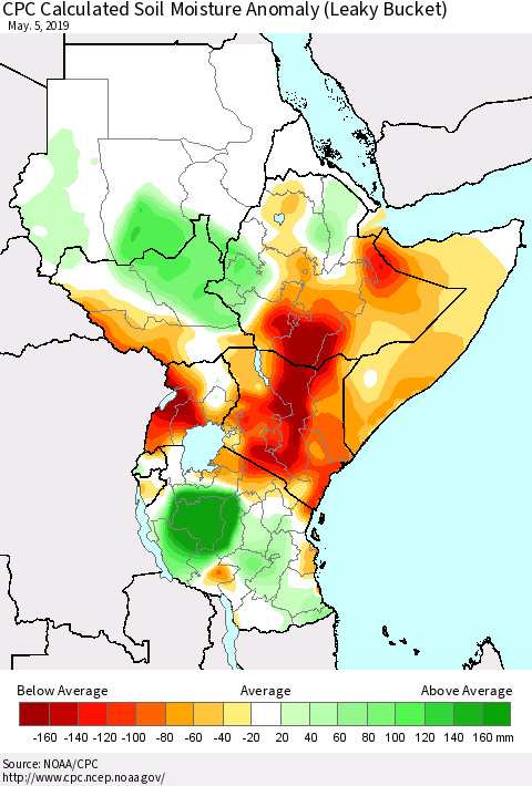 Eastern Africa CPC Soil Moisture Departure from Normal (Leaky Bucket) Thematic Map For 5/1/2019 - 5/5/2019