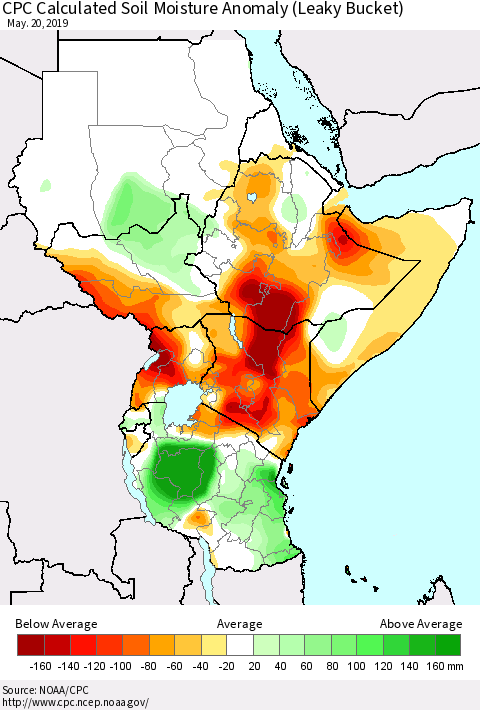 Eastern Africa CPC Soil Moisture Departure from Normal (Leaky Bucket) Thematic Map For 5/16/2019 - 5/20/2019