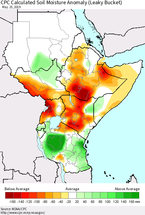 Eastern Africa CPC Soil Moisture Departure from Normal (Leaky Bucket) Thematic Map For 5/21/2019 - 5/25/2019