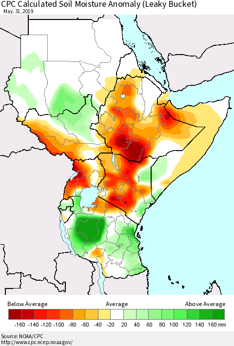 Eastern Africa CPC Soil Moisture Departure from Normal (Leaky Bucket) Thematic Map For 5/26/2019 - 5/31/2019