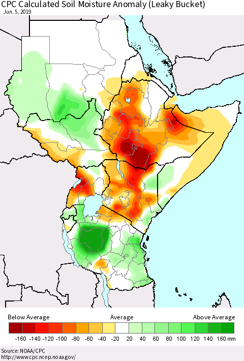 Eastern Africa CPC Soil Moisture Departure from Normal (Leaky Bucket) Thematic Map For 6/1/2019 - 6/5/2019