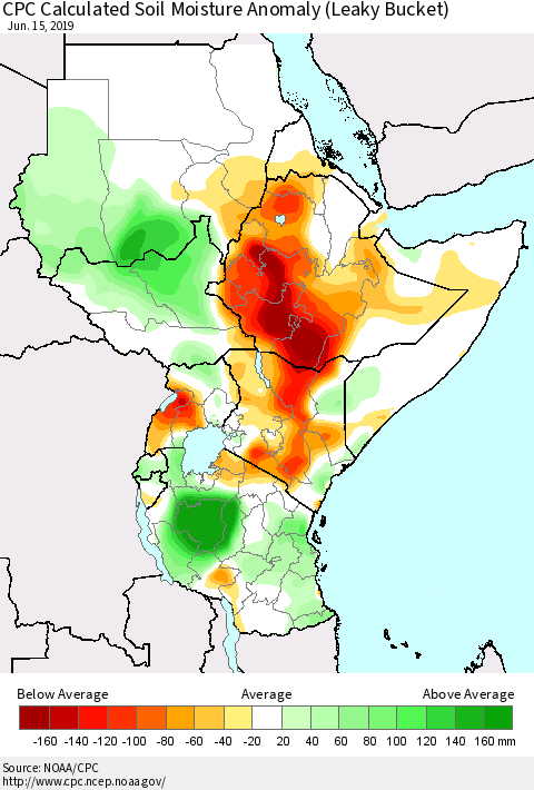 Eastern Africa CPC Soil Moisture Departure from Normal (Leaky Bucket) Thematic Map For 6/11/2019 - 6/15/2019