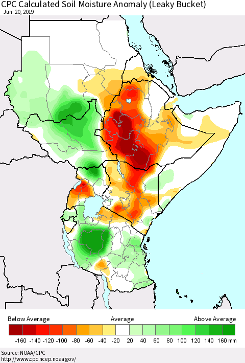 Eastern Africa CPC Soil Moisture Departure from Normal (Leaky Bucket) Thematic Map For 6/16/2019 - 6/20/2019