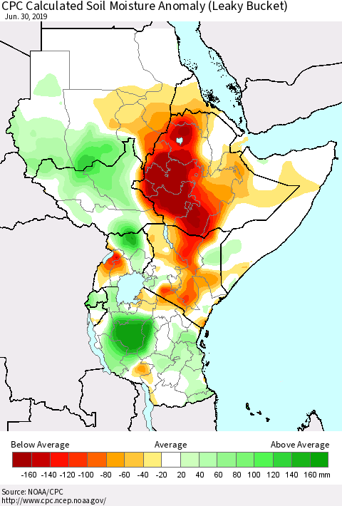 Eastern Africa CPC Soil Moisture Departure from Normal (Leaky Bucket) Thematic Map For 6/26/2019 - 6/30/2019