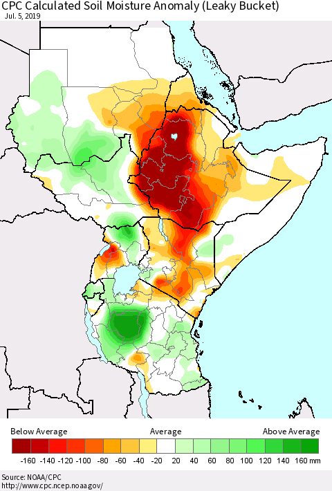 Eastern Africa CPC Soil Moisture Departure from Normal (Leaky Bucket) Thematic Map For 7/1/2019 - 7/5/2019
