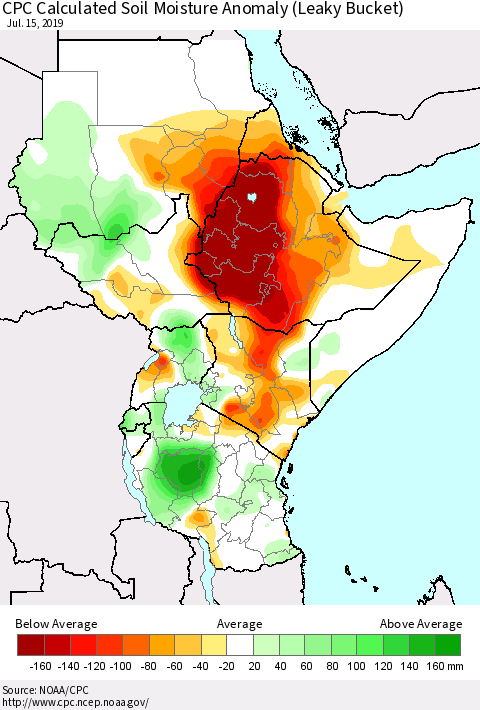 Eastern Africa CPC Soil Moisture Departure from Normal (Leaky Bucket) Thematic Map For 7/11/2019 - 7/15/2019