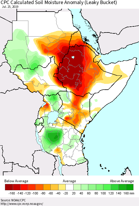 Eastern Africa CPC Soil Moisture Departure from Normal (Leaky Bucket) Thematic Map For 7/21/2019 - 7/25/2019