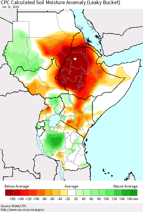 Eastern Africa CPC Soil Moisture Departure from Normal (Leaky Bucket) Thematic Map For 7/26/2019 - 7/31/2019