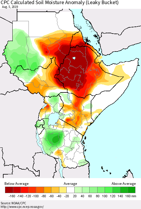 Eastern Africa CPC Soil Moisture Departure from Normal (Leaky Bucket) Thematic Map For 8/1/2019 - 8/5/2019