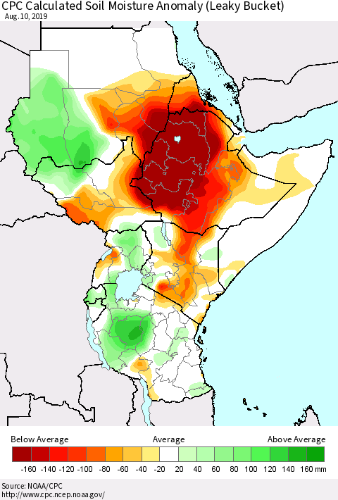 Eastern Africa CPC Soil Moisture Departure from Normal (Leaky Bucket) Thematic Map For 8/6/2019 - 8/10/2019