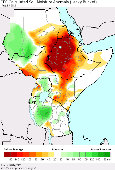 Eastern Africa CPC Soil Moisture Departure from Normal (Leaky Bucket) Thematic Map For 8/11/2019 - 8/15/2019