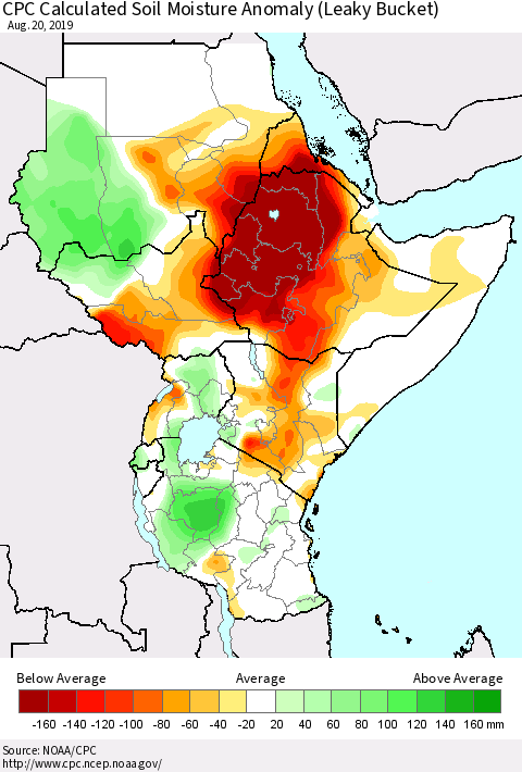 Eastern Africa CPC Soil Moisture Departure from Normal (Leaky Bucket) Thematic Map For 8/16/2019 - 8/20/2019
