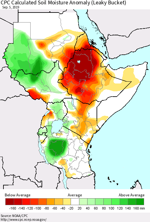 Eastern Africa CPC Soil Moisture Departure from Normal (Leaky Bucket) Thematic Map For 9/1/2019 - 9/5/2019