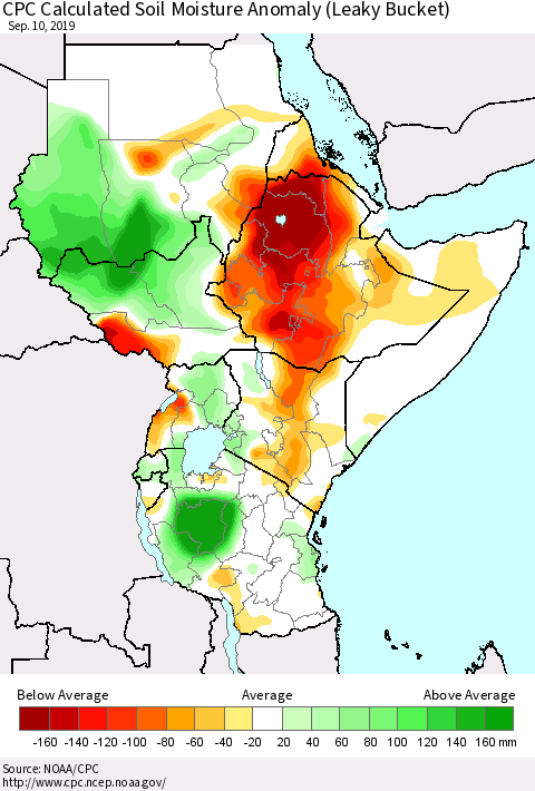 Eastern Africa CPC Soil Moisture Departure from Normal (Leaky Bucket) Thematic Map For 9/6/2019 - 9/10/2019