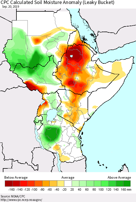 Eastern Africa CPC Soil Moisture Departure from Normal (Leaky Bucket) Thematic Map For 9/16/2019 - 9/20/2019