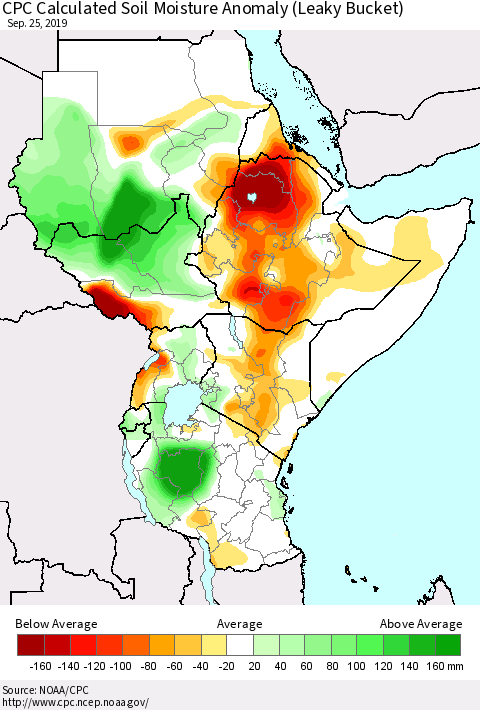 Eastern Africa CPC Soil Moisture Departure from Normal (Leaky Bucket) Thematic Map For 9/21/2019 - 9/25/2019