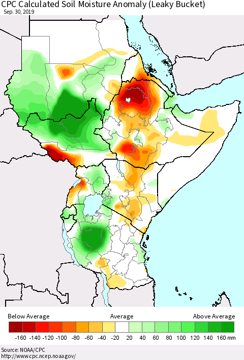 Eastern Africa CPC Soil Moisture Departure from Normal (Leaky Bucket) Thematic Map For 9/26/2019 - 9/30/2019