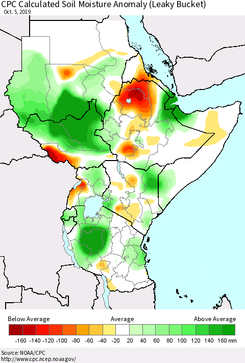 Eastern Africa CPC Calculated Soil Moisture Anomaly (Leaky Bucket) Thematic Map For 10/1/2019 - 10/5/2019