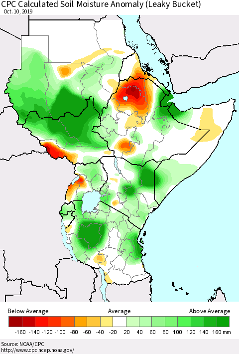 Eastern Africa CPC Calculated Soil Moisture Anomaly (Leaky Bucket) Thematic Map For 10/6/2019 - 10/10/2019
