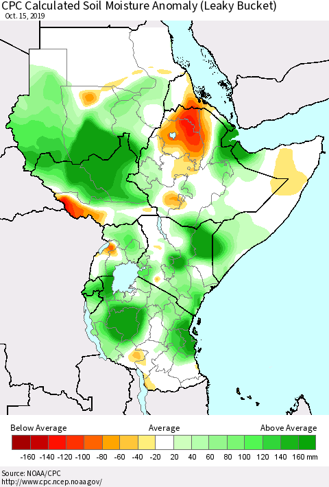 Eastern Africa CPC Calculated Soil Moisture Anomaly (Leaky Bucket) Thematic Map For 10/11/2019 - 10/15/2019