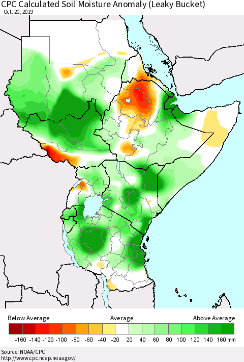Eastern Africa CPC Calculated Soil Moisture Anomaly (Leaky Bucket) Thematic Map For 10/16/2019 - 10/20/2019