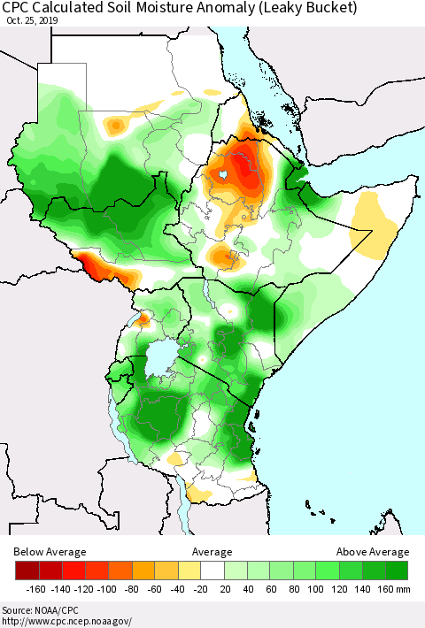 Eastern Africa CPC Soil Moisture Departure from Normal (Leaky Bucket) Thematic Map For 10/21/2019 - 10/25/2019