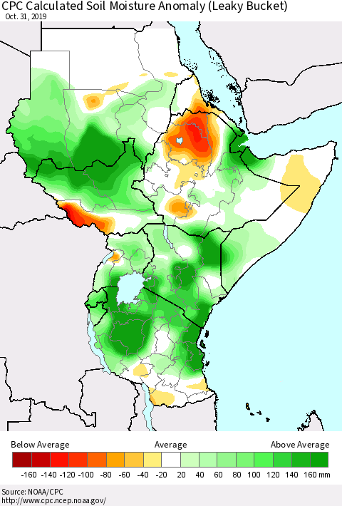 Eastern Africa CPC Calculated Soil Moisture Anomaly (Leaky Bucket) Thematic Map For 10/26/2019 - 10/31/2019