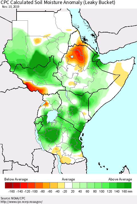 Eastern Africa CPC Calculated Soil Moisture Anomaly (Leaky Bucket) Thematic Map For 11/6/2019 - 11/10/2019