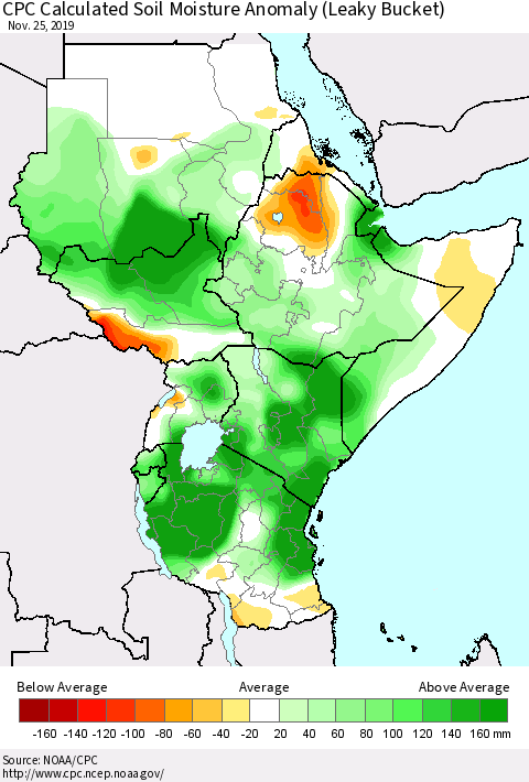 Eastern Africa CPC Calculated Soil Moisture Anomaly (Leaky Bucket) Thematic Map For 11/21/2019 - 11/25/2019