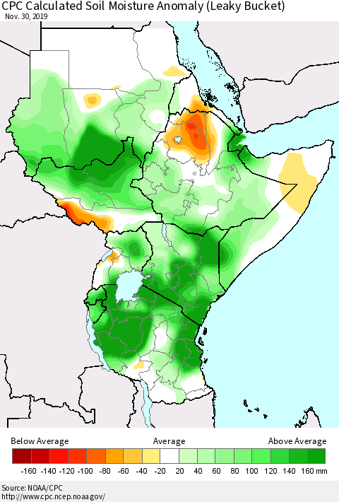 Eastern Africa CPC Calculated Soil Moisture Anomaly (Leaky Bucket) Thematic Map For 11/26/2019 - 11/30/2019