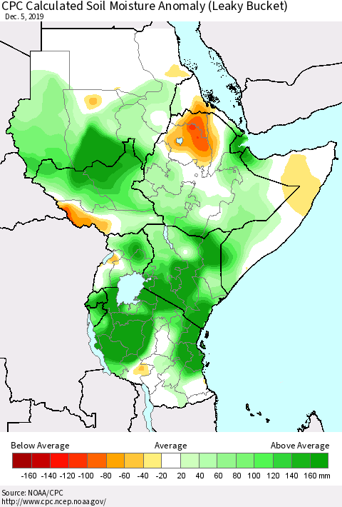 Eastern Africa CPC Soil Moisture Departure from Normal (Leaky Bucket) Thematic Map For 12/1/2019 - 12/5/2019