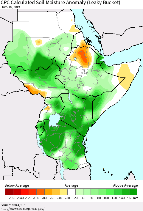 Eastern Africa CPC Calculated Soil Moisture Anomaly (Leaky Bucket) Thematic Map For 12/6/2019 - 12/10/2019