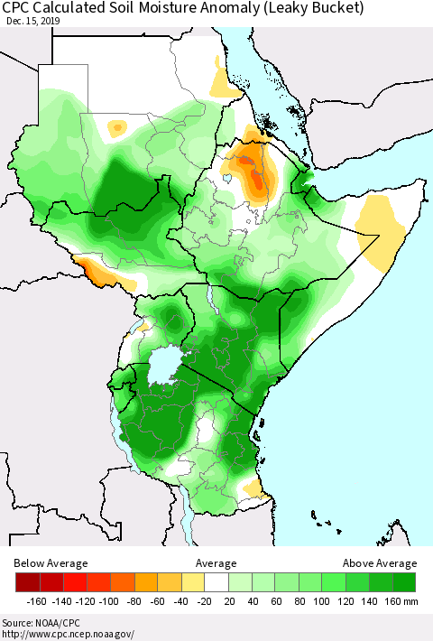 Eastern Africa CPC Calculated Soil Moisture Anomaly (Leaky Bucket) Thematic Map For 12/11/2019 - 12/15/2019
