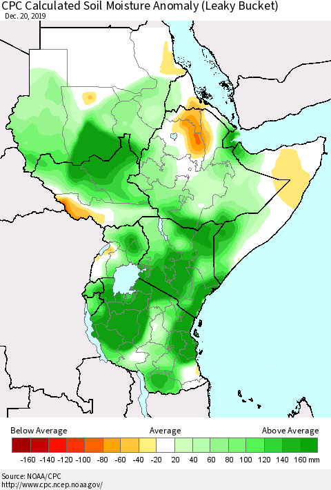 Eastern Africa CPC Calculated Soil Moisture Anomaly (Leaky Bucket) Thematic Map For 12/16/2019 - 12/20/2019