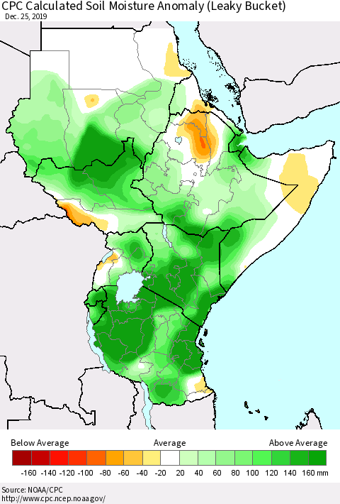 Eastern Africa CPC Calculated Soil Moisture Anomaly (Leaky Bucket) Thematic Map For 12/21/2019 - 12/25/2019